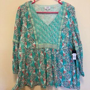 Anthropologie Crown and Ivy teal and pink v-neck top with empire waist